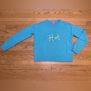 Lilly Pulitzer Turquoise Blue Sweater with Yellow 'Hot' Text Pullover